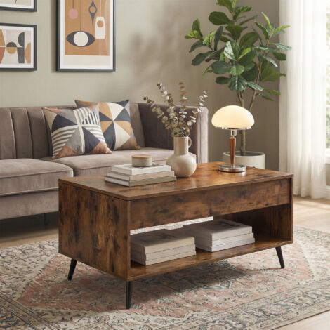 Meuble de Salon avec Plateau Relevable, Vérin à Gaz, Rangement Ouvert, pour Bureau ou Salle à Manger, Marron et Noir