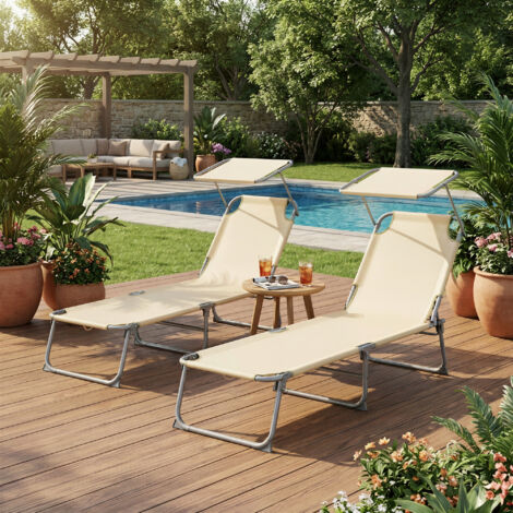 Transats Pliants Extérieur, Dossier et Pare-Soleil Réglables, Chaises Longues, pour Balcon, Terrasse, Lot de 2, Beige