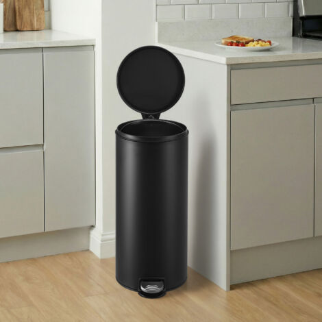 Poubelle à Pédale, Rond, Seau Intérieur Amovible, Fermeture en Douceur, 30 L, Noir