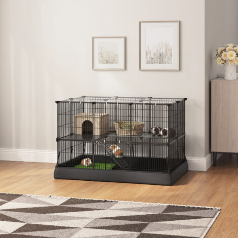 Cage à hamster à 2 Niveaux, Cage à Lapin, 35 Panneaux, Tapis Imperméable, Double Porte, Noir