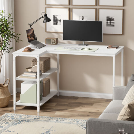Vasagle – Bureau d'angle en L avec étagères réglables – Dimensions 110 x 80 cm – Structure en aggloméré et acier – Couleur blanche