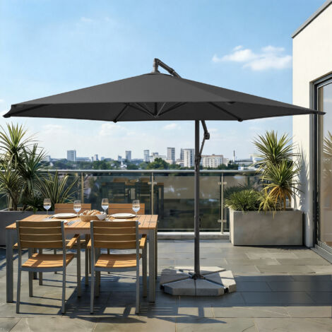 Parasol déporté de 350 cm de Diamètre, avec Socle, Manivelle d’Ouverture et de Fermeture, Gris