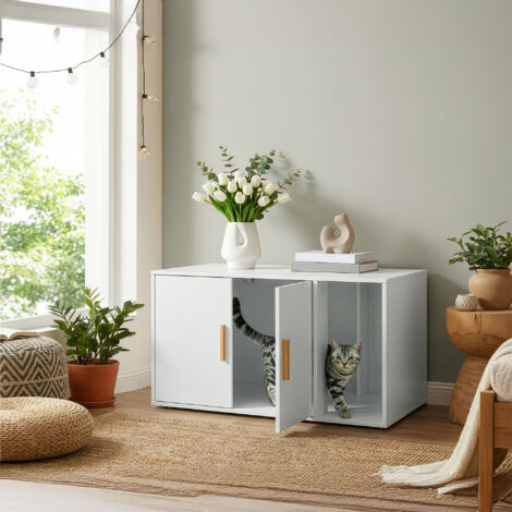Maison pour Chat à Double Porte, Armoire Cache-Litière, Table d’Appoint, Entrée Frontale, 80 x 50 x 45 cm, Blanc