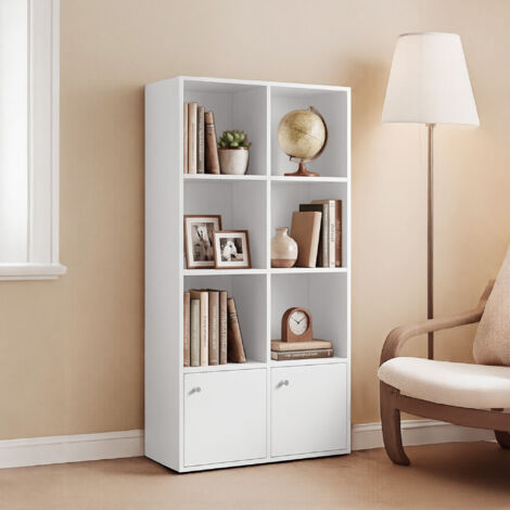 Étagère de Rangement à 4 Niveaux, avec 2 Portes, pour Bureau, Salon, Salle à Manger, 29 x 65,8 x 130 cm, Blanc