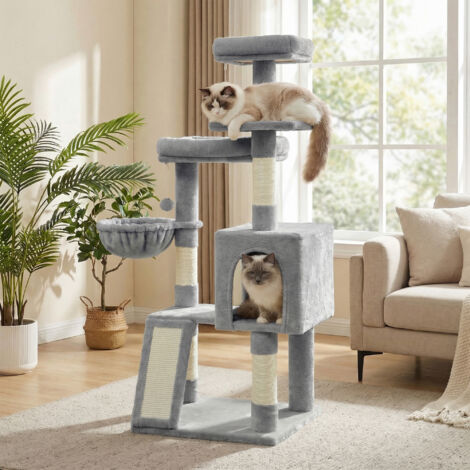 Arbre à Chat avec 3 Plateformes, Maison et Panier, Griffoir, pour Salon, Hauteur 136 cm, Gris