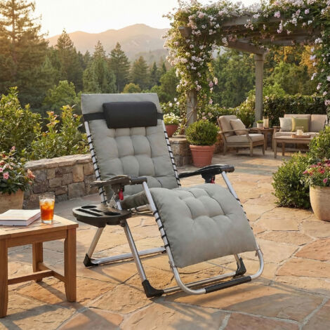 Chaise Longue Pliante avec Coussin Amovible, Transat de Jardin en Acier, avec Tablette et Pochette, Gris Clair