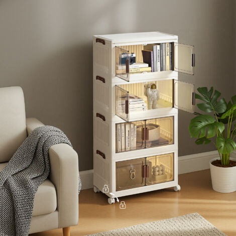 Boîte de Rangement Empilable sur Roulettes, Organisateur 4 Niveaux, en Plastique, Grande Capacité, Blanc