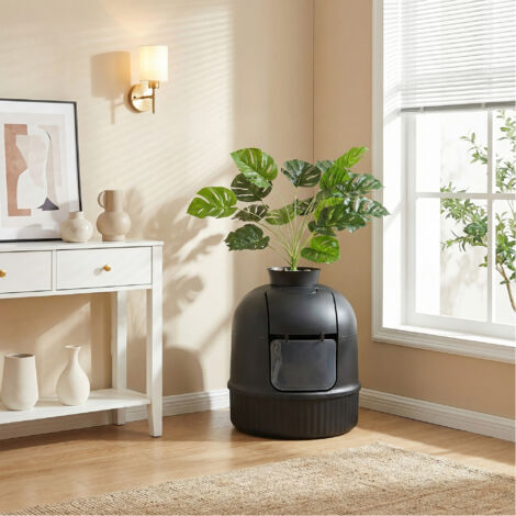 Meuble pour Litière de Chat avec Plante Artificielle, Filtre à Charbon, Galets Décoratifs, Pelle et Brosse, Noir