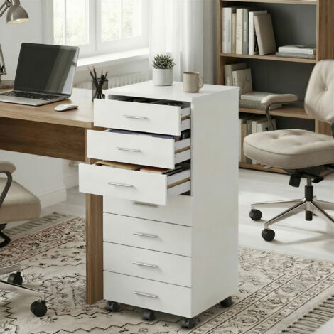 Caisson de Bureau à Roulettes, Support pour Imprimante, avec 7 Tiroirs, Rails Coulissants, Blanc (1/5)