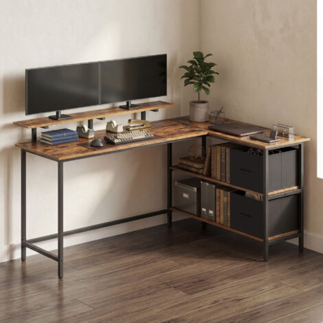 Vasagle – Bureau d'angle avec support d'écran – Bureau de travail en L 155 x 105 cm – 2 tiroirs – Hauteur réglable – Panneau d'aggloméré marron