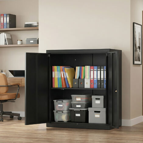 Armoire en Acier à 2 Portes, Verrouillable, Étagère Réglable, Meuble de Rangement pour Bureau, 80 x 40 x 90 cm, Noir