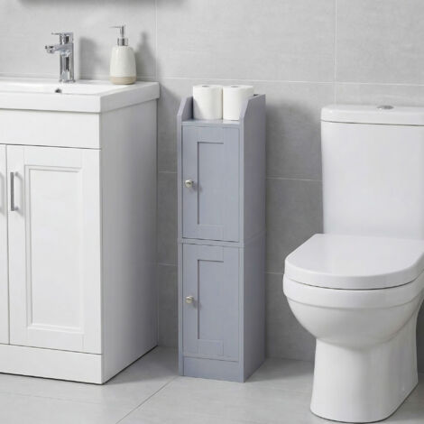 Meuble de Salle de Bain Fin, Colonne de Rangement, avec Portes Réversibles, Style Maison de Campagne, Gris