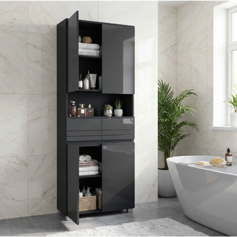 Vasagle – Colonne de salle de bain avec étagères réglables et 2 tiroirs – Dimensions 30 x 60 x 170 cm – Panneau MDF noir – Montage facile