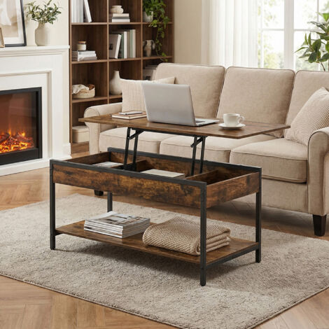 Table de Café avec Plateau Relevable, Rangement Caché et Ouvert, Meuble de Salon, 100 x 50 cm, Marron Rustique et Noir