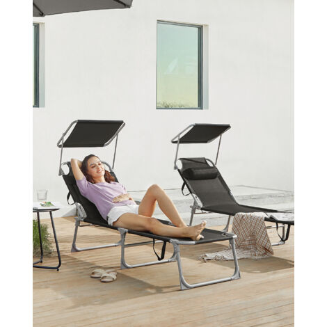 Transat, Lot de 2, Chaise Longue Pliable, Bain de soleil, 193 x 53 x 29 cm, Capacité de Charge 150 kg, avec Appuie-tête, Pare-soleil et Dossier Réglable, Noir (1/5)