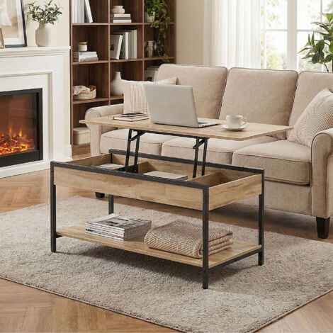 Table de Café avec Plateau Relevable, Rangement Caché et Ouvert, Meuble de Salon, 100 x 50 cm, Marron Camel et Noir