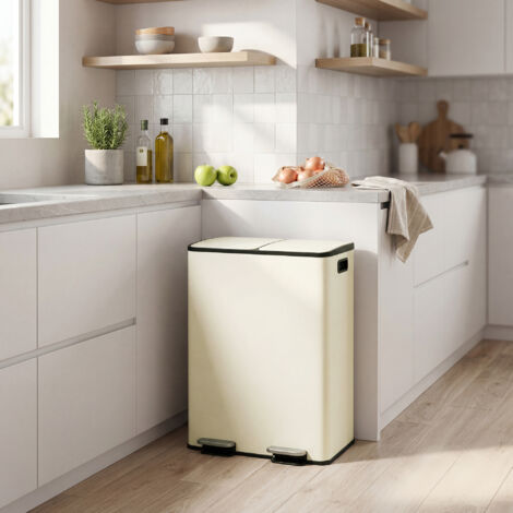 Poubelle de Cuisine, 2 x 30 Litres, 2 Compartiments, Poubelle à Pédale, Couvercle à Fermeture Douce, Acier, Crème