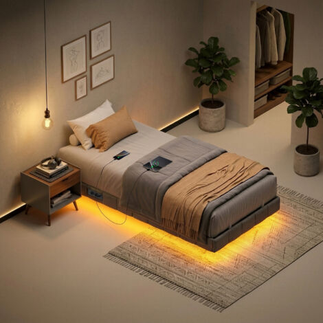 Cadre de Lit Simple 90 x 190 cm, LED Intégrée, Multiprise, Effet Flottant, Ports USB, Chambre, Gris