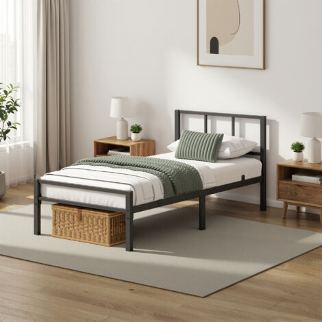 Lit Simple Métal 90 x 190 cm, Sommier Robuste avec Tête de Lit, Montage Rapide, Chambre, Noir