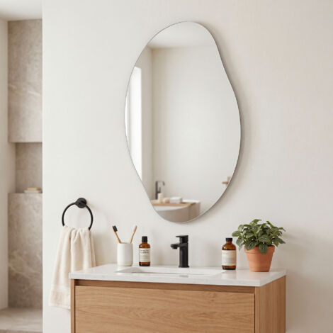 Miroir Décoratif Asymétrique, Forme Pétale, sans Cadre, pour Salle de Bain, Chambre, Entrée, 85 x 50 cm