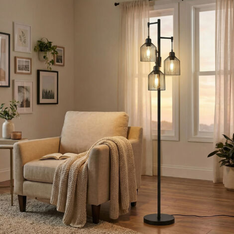 Lampadaire avec 3 Douilles E27, Hauteur Réglable, Abat-Jour en Métal, Lampadaire Moderne, pour Salon, Noir