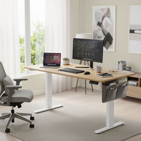 Bureau Réglable en Hauteur, 160 x 70 cm, Fonction Mémoire, Port USB-C, Couleur Chêne