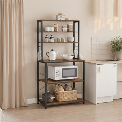 Étagère de Boulanger, Bar à Café de Cuisine, 6 Étagères et 6 Crochets, Cadre en Acier, Style Industriel, Marron et Noir (1/5)