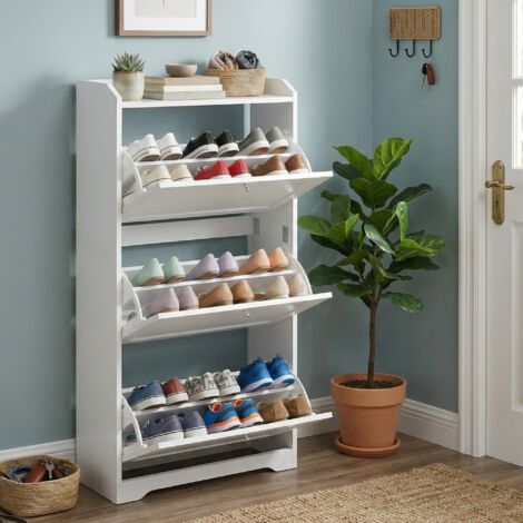 Meuble à Chaussure avec Cloison Ajustable, Meuble de Rangement 3 Abattants pour Entrée, Plateau Supérieur, Blanc (1/5)