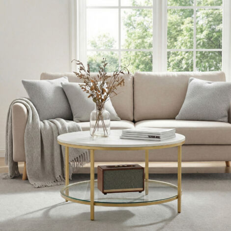 Table basse ronde avec étagère en verre trempé, table de salon, montage facile, style moderne, salon, Blanc (1/5)