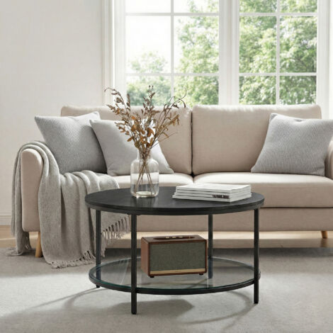 Table basse ronde avec étagère en verre trempé, table de salon, montage facile, style moderne, salon, noir (1/5)