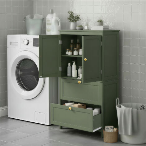 Meuble de Salle de Bain, avec 2 Portes et 2 Tiroirs, Étagères Réglables, 30 x 60 x 110 cm, Vert