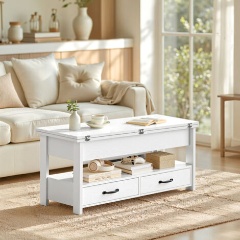 Table de Salon Relevable, Vérin à Gaz, 2 Tiroirs et 3 Compartiments sous Le Plateau, 1 Compartiment Ouvert, Blanc (1/5)