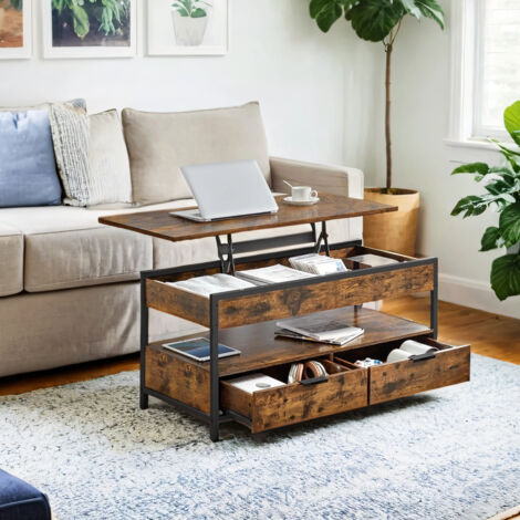 Table Basse Relevable avec Rangements Cachés, 2 Tiroirs, Centre de Salon, 100 cm, Marron