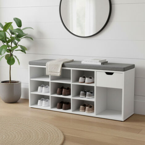 Banc à Chaussures, Banc de Rangement, avec Tiroir et Compartiments, Couloir, Entrée, Chambre, Blanc et Gris (1/5)