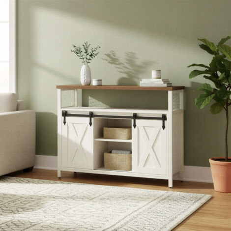 Meuble de Rangement, Buffet Cuisine, Commode, avec 2 Portes Coulissantes, 33 x 100 x 80 cm, Étagères Réglables, pour Salon, Blanc et Marron (1/5)