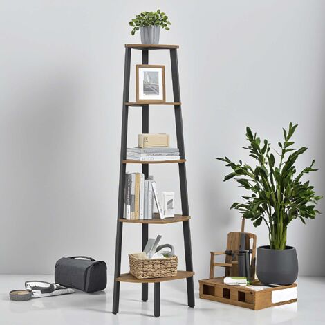 Bibliothèque 5 Niveaux, Cadre en Acier, Étagère d'Angle, Meuble de Rangement, Style Industriel, pour Salon, Marron et Noir (1/5)