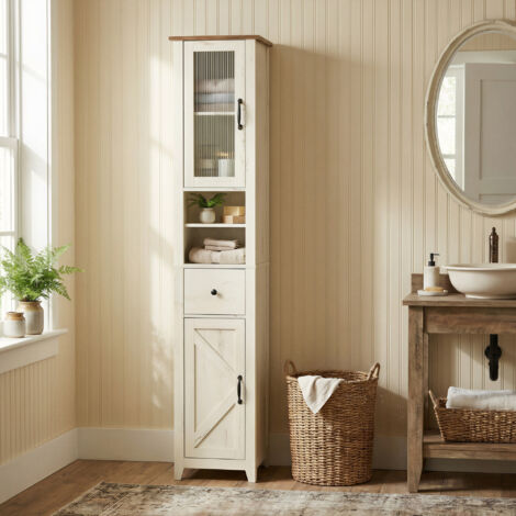 Armoire de Salle de Bain Style Maison de Campagne, Étroite, Meuble de Salle de Bain, Blanc et Marron