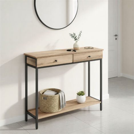 Console d’Entrée Industrielle, avec 2 Tiroirs, Table Basse en Acier, pour Salon, Chambre, Entrée, Camel et Noir
