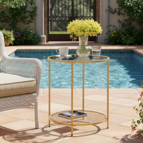 Table d’Appoint en Verre Trempé, Petite Table Basse Ronde avec Cadre en Acier, Chambre, Salon, Balcon, Or et Transparent (1/5)