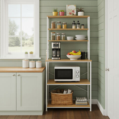 Étagère de Boulanger, Bar à Café de Cuisine, 6 Étagères et 6 Crochets, Cadre en Acier, Style Industriel, Couleur Chêne et Blanc
