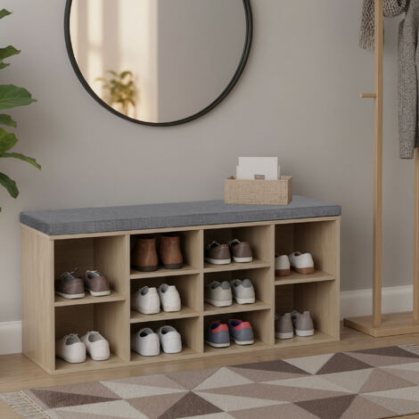 Banc à Chaussures, Banc de Rangement, avec Coussin, Siège Rembourré, 10 Compartiments, Étagères Réglables, pour Chambre, Couleur Chêne (1/5)
