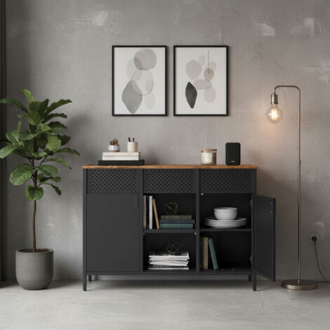 Armoire de Rangement, à Double Portes, Fermeture Magnétique, Étagères Réglables, Cadre en Acier, Marron et Noir (1/5)