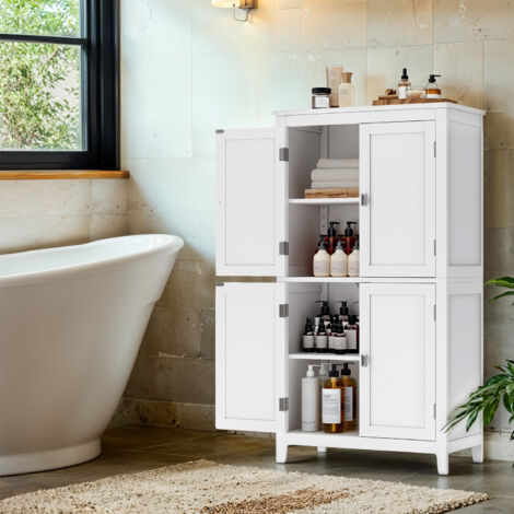 Meuble de Salle de Bain, Meuble de Cuisine, avec 4 Portes, Étagères Réglables, 30 x 60 x 110 cm, Blanc