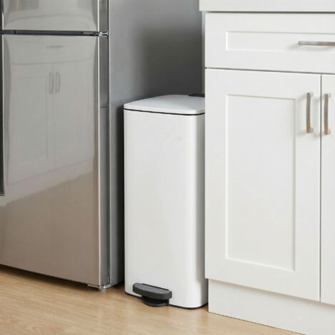 Poubelle de cuisine, 30 litres, poubelle à pédale, en acier, avec seau intérieur, fermeture douce, blanc