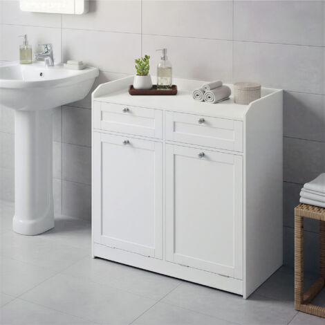 Armoire de Rangement avec Panier à Linge, Meuble de Salle de Bain, 2 Tiroirs, Sac Amovible, Poignées, Blanc (1/5)