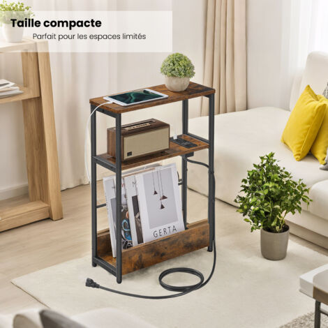 Table d'Appoint avec Station de Recharge, Table d'Extrémité Étroite à 3 Niveaux, Porte-Revue, pour Salon, Chambre, Bureau, Marron et Noir