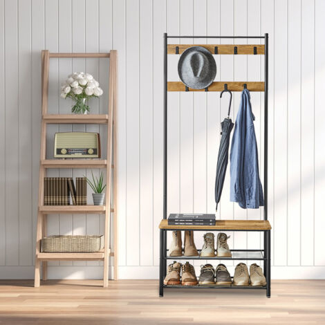 Portemanteau, 32 x 70 x 175 cm, Vestiaire avec Banc de Rangement pour Chaussures, Style Industriel, Marron et Noir (1/5)