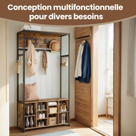 Porte-Manteau avec Banc et Rangement à Chaussures, Meuble d'Entrée, Marron et Noir (1/5)