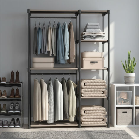 Armoire penderie, porte-manteau, avec tringles à vêtements, organisateur de rangement ouvert pour chambre ou vestiaire, taupe
