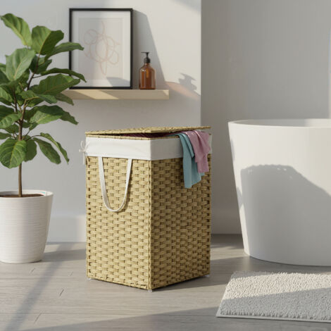 Panier de Rangement, Corbeille Linge Sale 90 L avec Couvercle, Pliable, Sac en Tissu Amovibles et Poignées, pour Couvertures, Vêtements, Salon, Chambre, Buanderie, Couleur Boisée